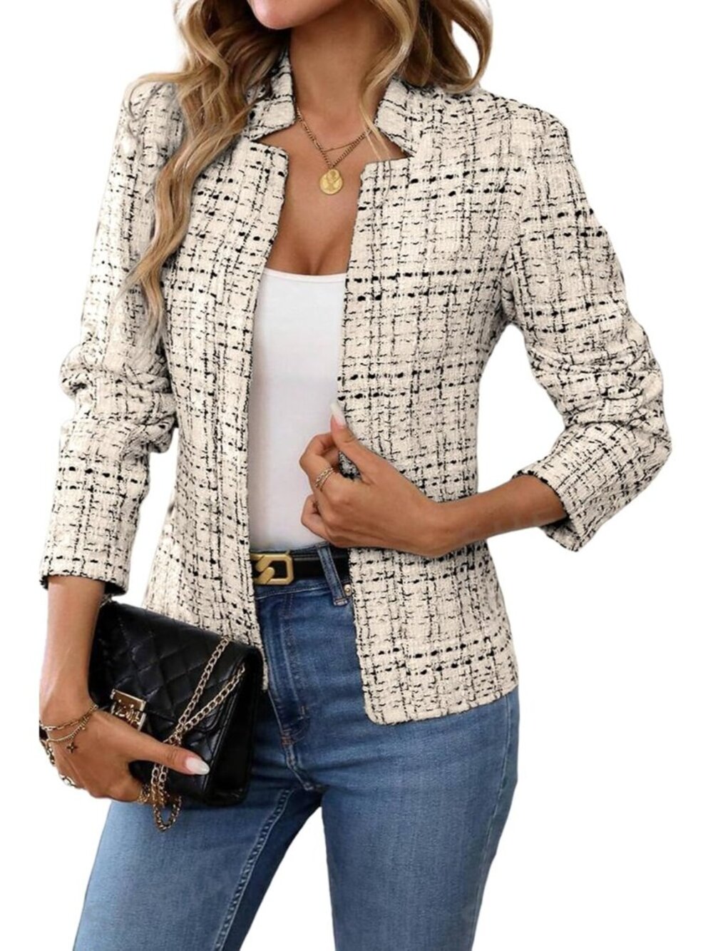 〽️Women's Khaki Tweed Open Front Long Sleeve Notch Collar Casual Business Blazer